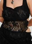 Black lace mini dress square neckline, cut out detail at waist, fringe hem detail