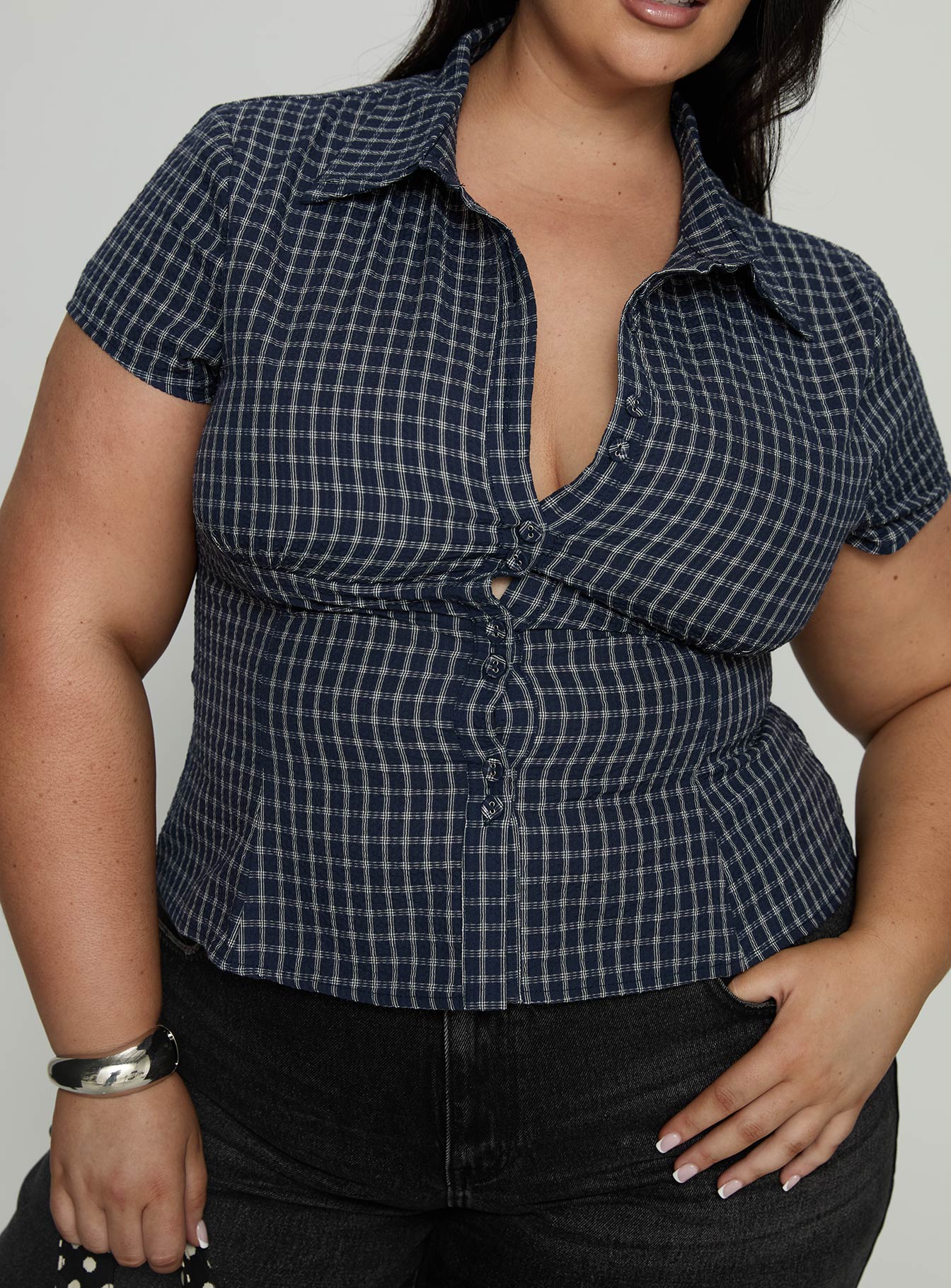 Cottesloe Blouse Top Navy Check Curve