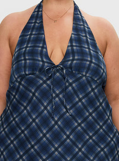 Laraline Halter Mini Dress Navy Check Curve