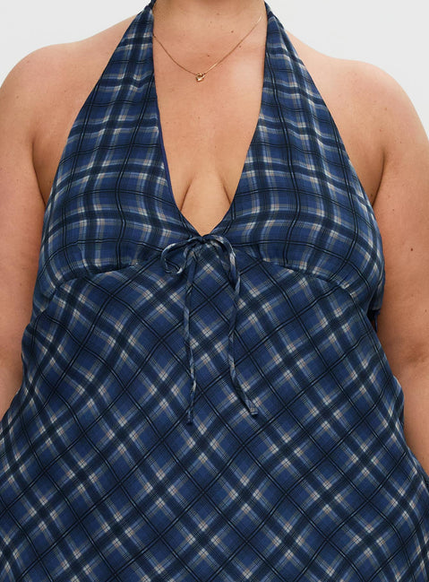 Laraline Halter Mini Dress Navy Check Curve