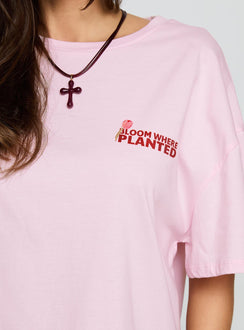 side view of model wearing Princess Polly Flower Chart Oversized Tee Pink Half Sleeves Crew Neck 