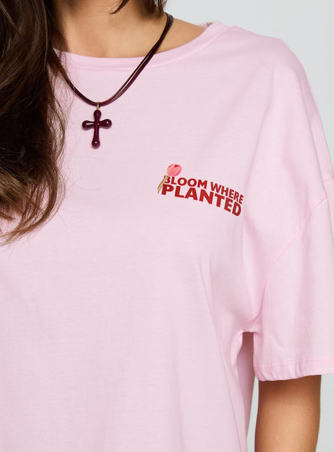 side view of model wearing Princess Polly Flower Chart Oversized Tee Pink Half Sleeves Crew Neck 