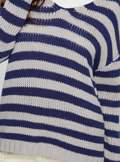 Drayven V Neck Knit Sweater Blue Stripe