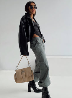 side view of model wearing Princess Polly Luna Mid Rise Cargo Pants Grey 