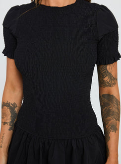 back view of model wearing Princess Polly Laurita Shirred Mini Dress Black High Neck 