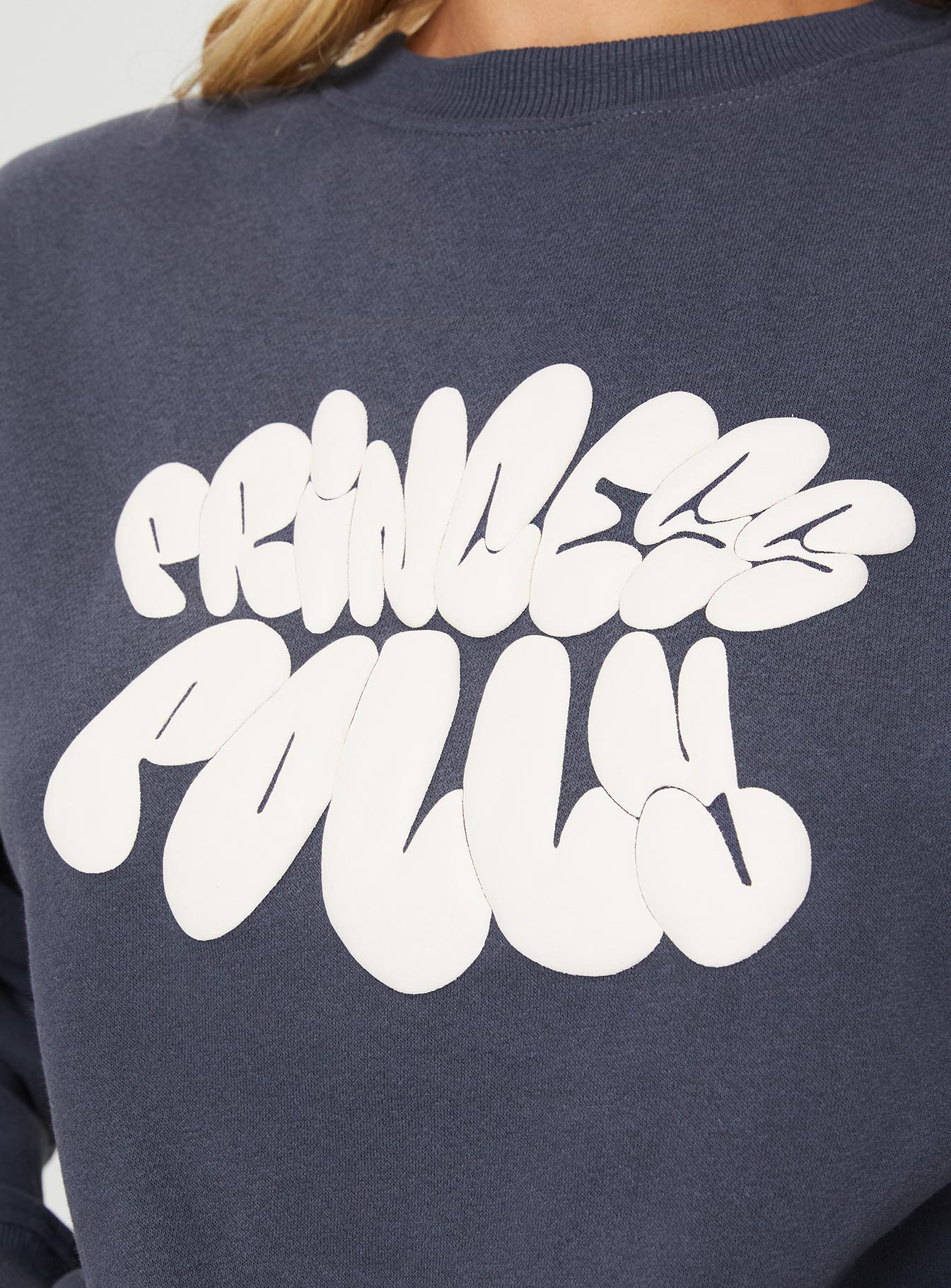 Princess Polly Crew Neck Sweatshirt Bubble Text Slate / Eggshell Princess Polly  regular 