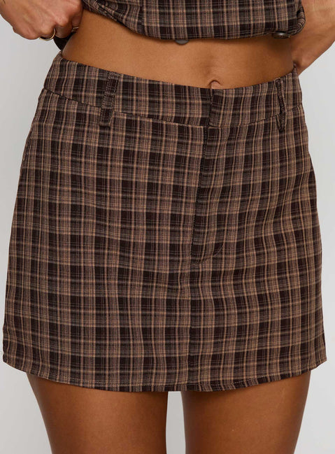 back view of model wearing Princess Polly Meggan Mini Skirt Chocolate Check Mini Skirts 