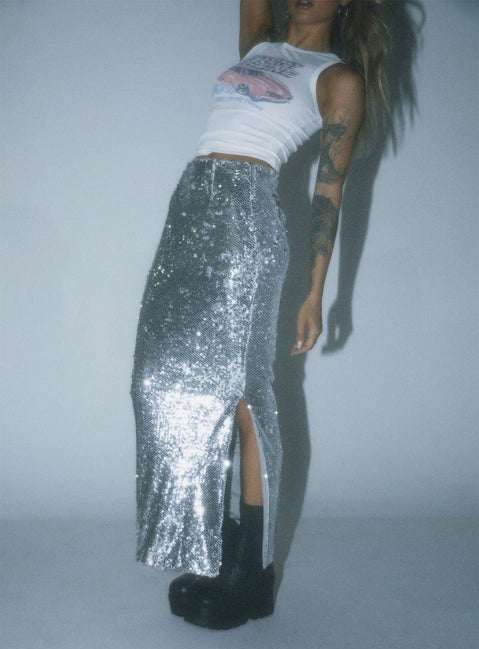 Front view of model wearing  front Alyce Maxi Skirt Silver Princess Polly  Maxi 