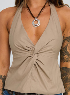 back view of model wearing Princess Polly Millbank Top Taupe Sleeveless Plunger 