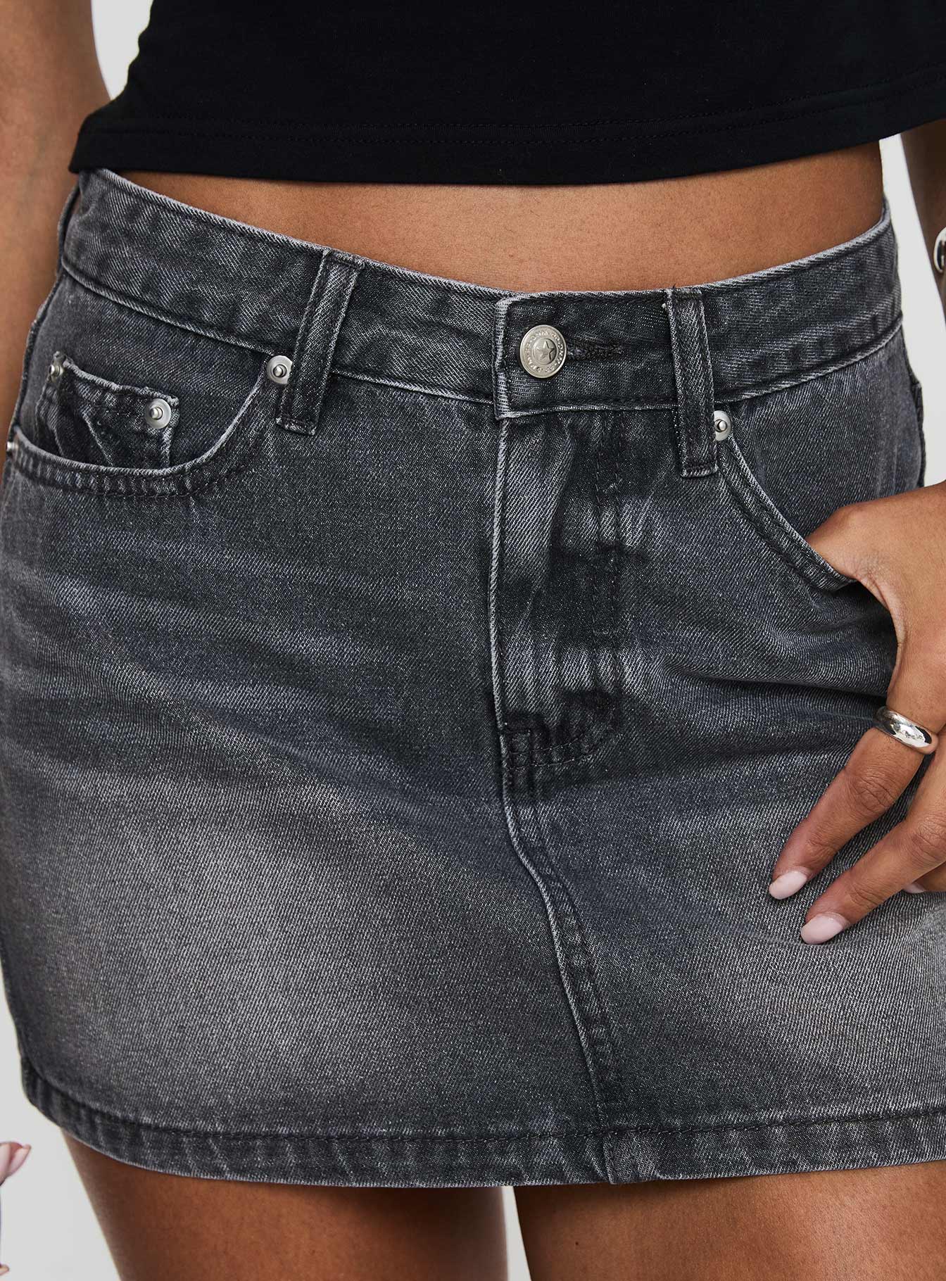 back view of model wearing Princess Polly Paulette Denim Mini Skirt Grey Wash Mini Skirts Skirts 