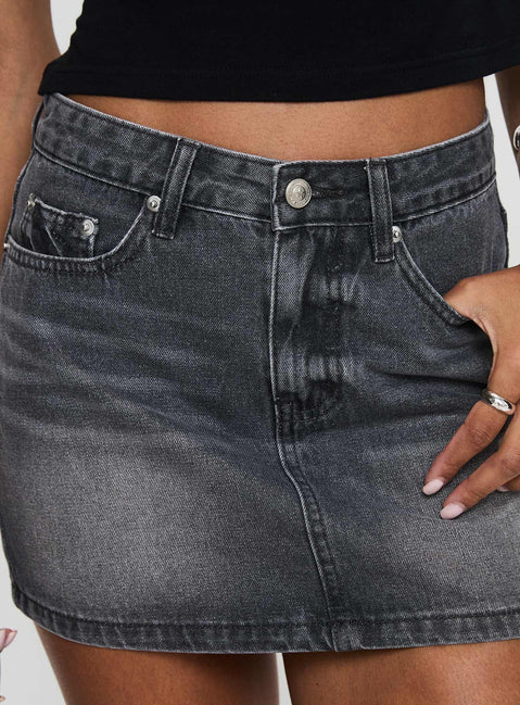 back view of model wearing Princess Polly Paulette Denim Mini Skirt Grey Wash Mini Skirts Skirts 