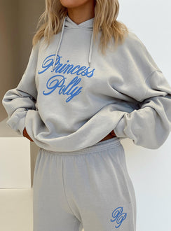 front view of model wearing Princess Polly Princess Polly Hooded Sweatshirt Cursive Text Grey / Blue regular 