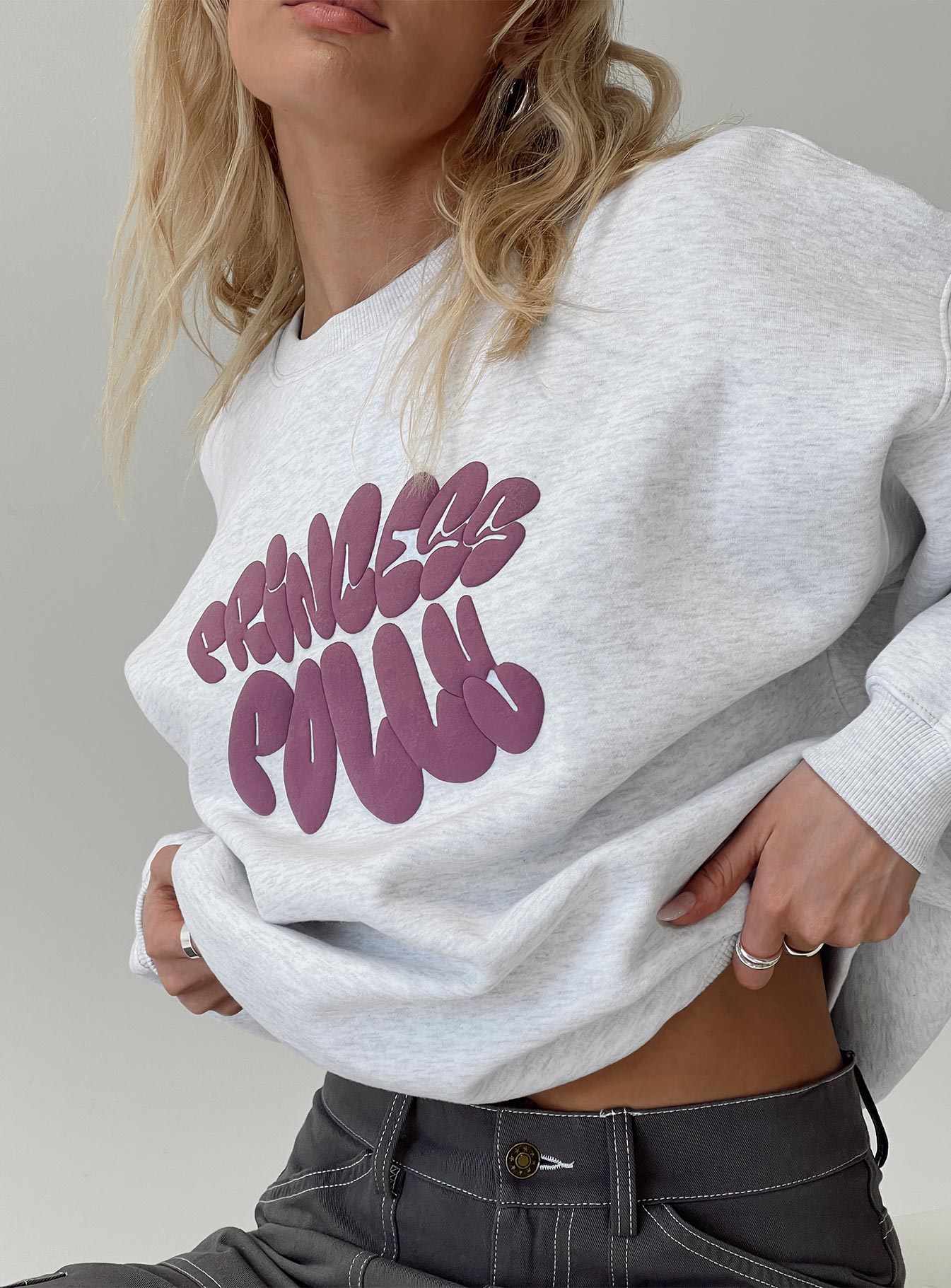 Princess Polly Crew Neck Sweatshirt Bubble Text Grey Marle / Burgundy Princess Polly  regular 