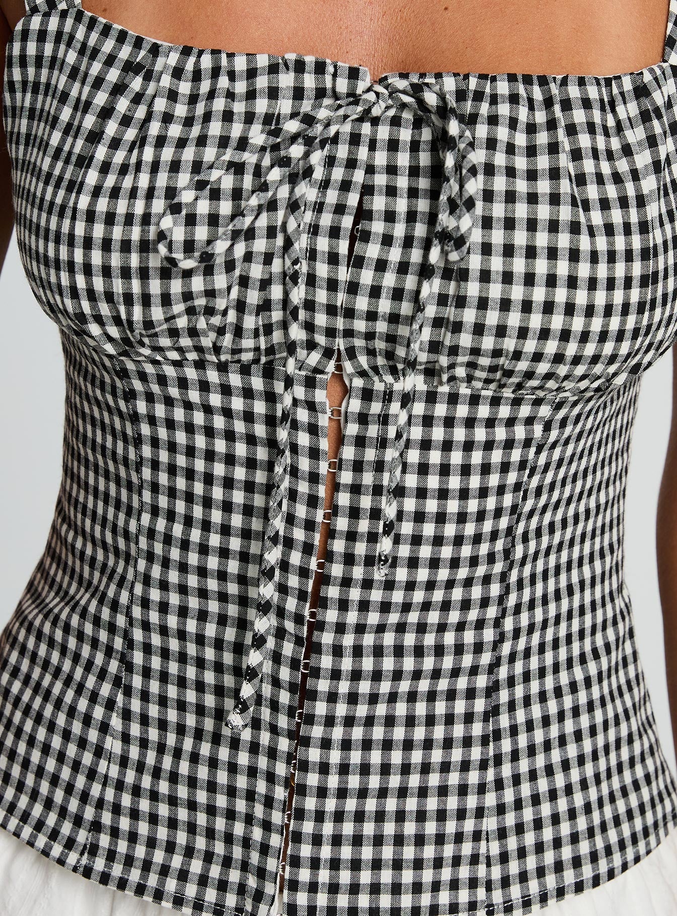 back view of model wearing Princess Polly Modern Girl Top Black Gingham Sleeveless Square Neck 