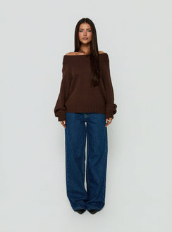 Always Be There Off Shoulder Knit Jumper Brown