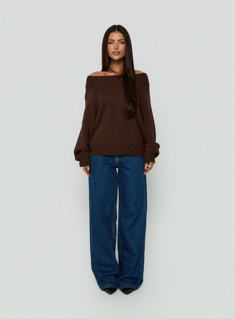 Always Be There Off Shoulder Knit Jumper Brown