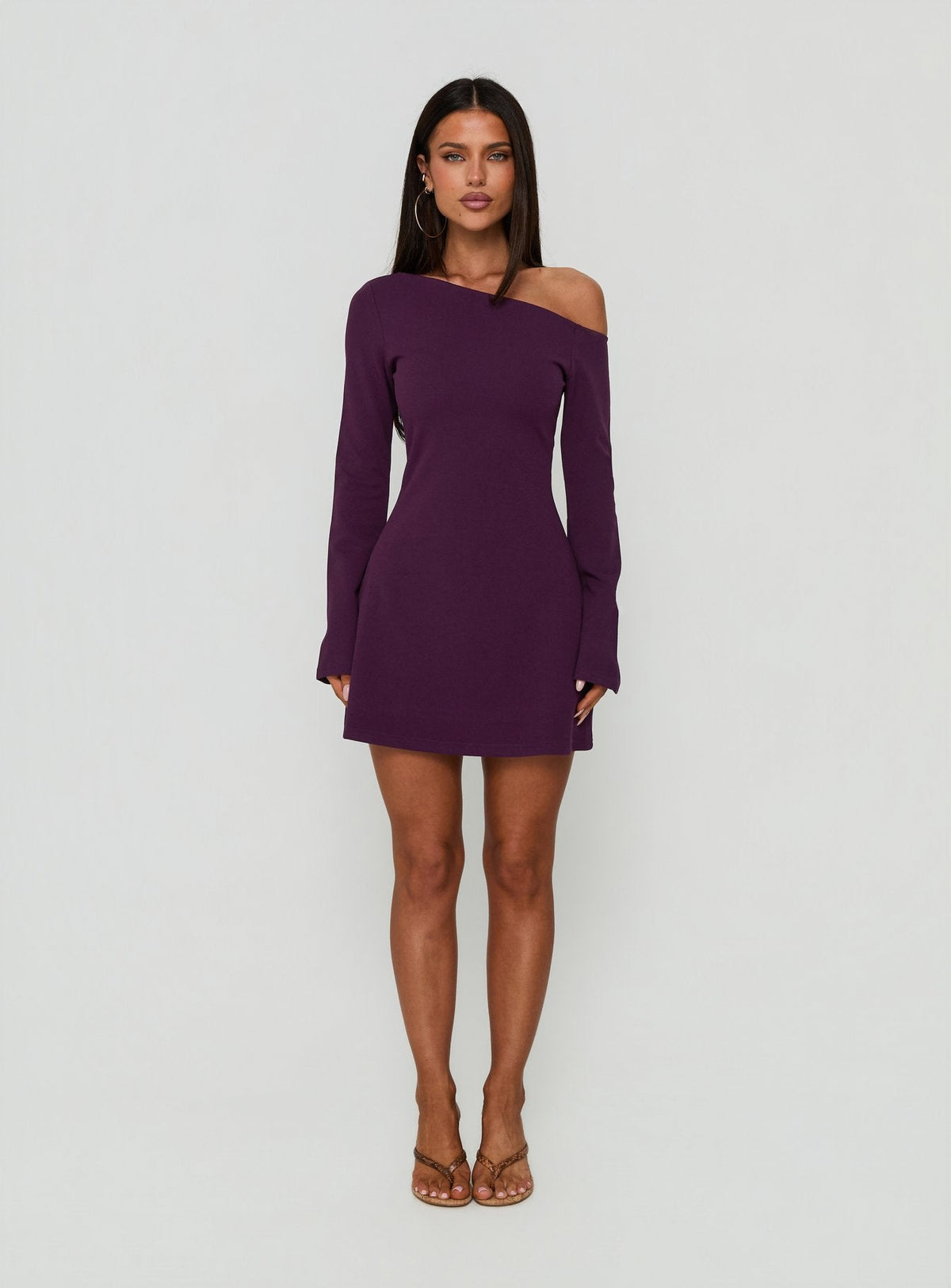 Adrietta Long Sleeve Off Shoulder Mini Dress Plum Noir