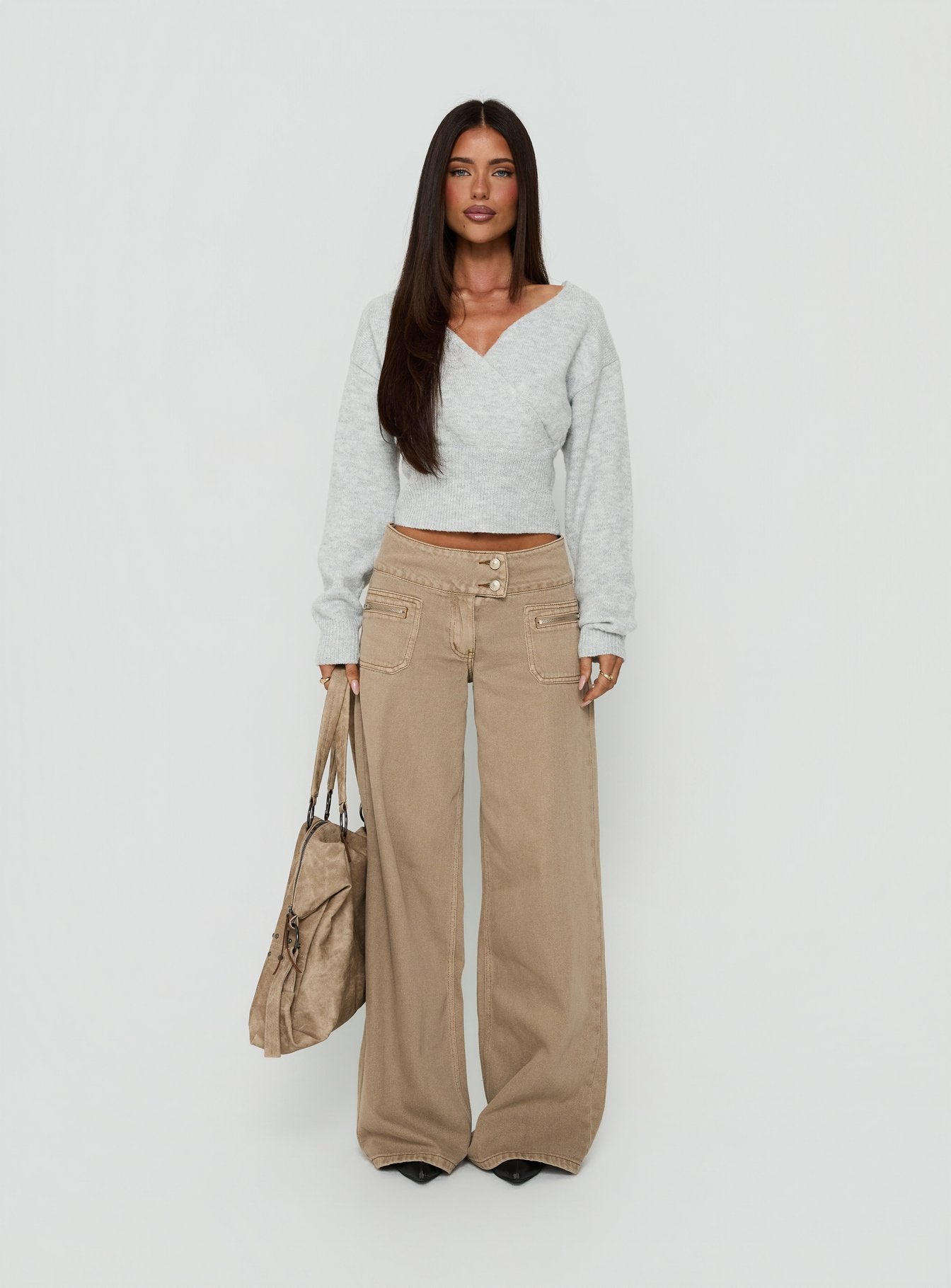 Unwritten Mid Rise Wide Leg Jeans Washed Brown