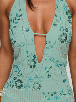 front view of model wearing Princess Polly Telenova Halter Mini Dress Green Plunger 