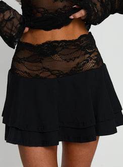 back view of model wearing Princess Polly Kecia Lace Waistband Mini Skirt Black Mini Skirts 