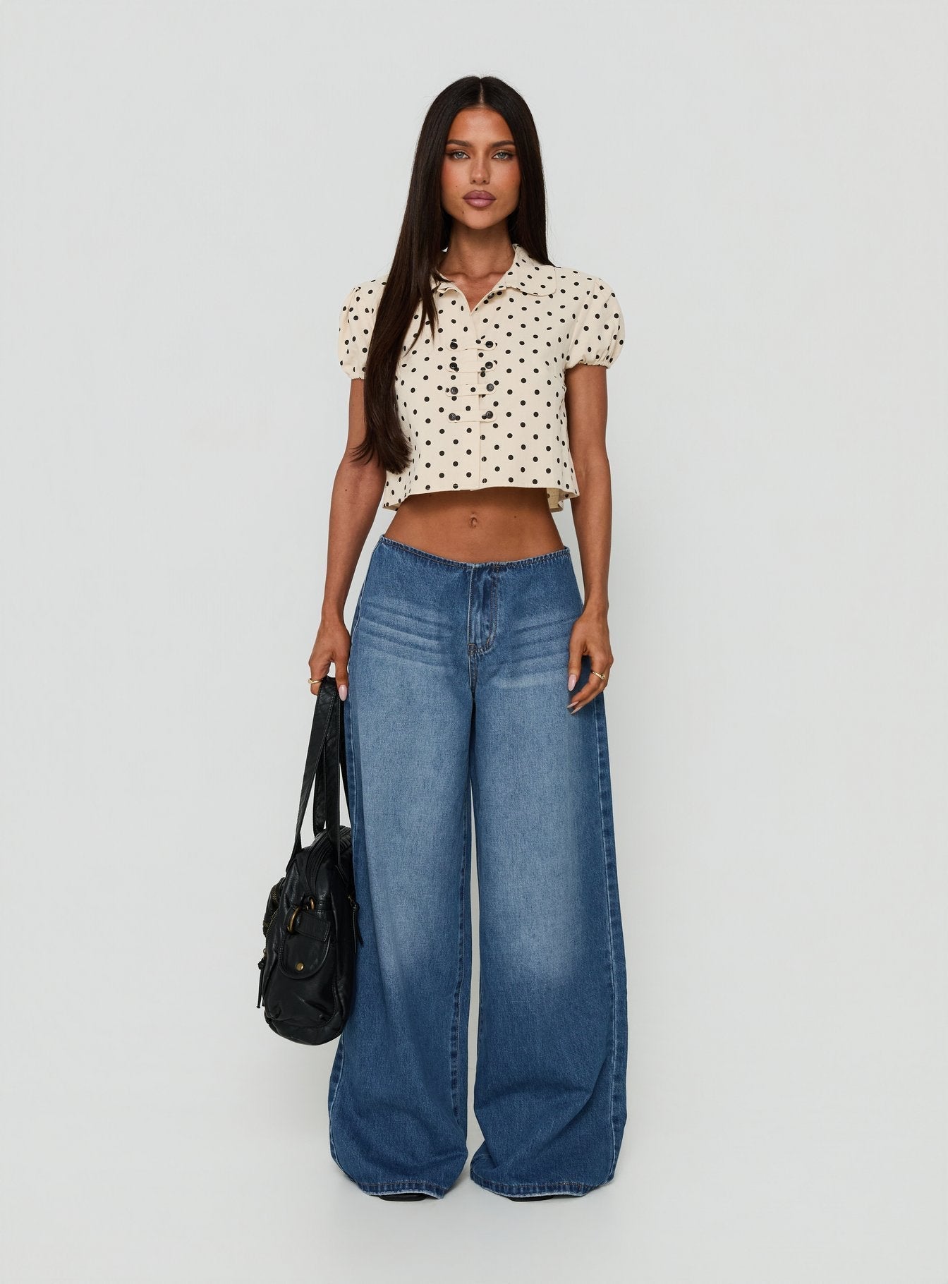 Kinnedie Puff Sleeve Blouse Top Cream Polka Dot