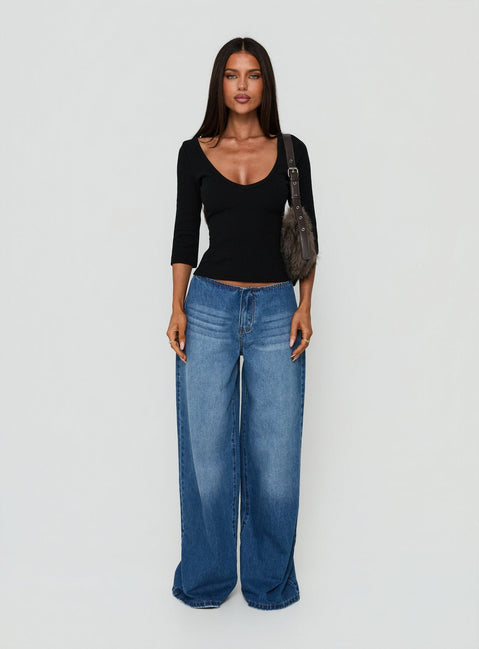 Baseline Rib V Neck 3/4 Sleeve Top Black