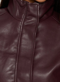 Kordale Funnel Neck Faux Leather Bomber Jacket Burgundy