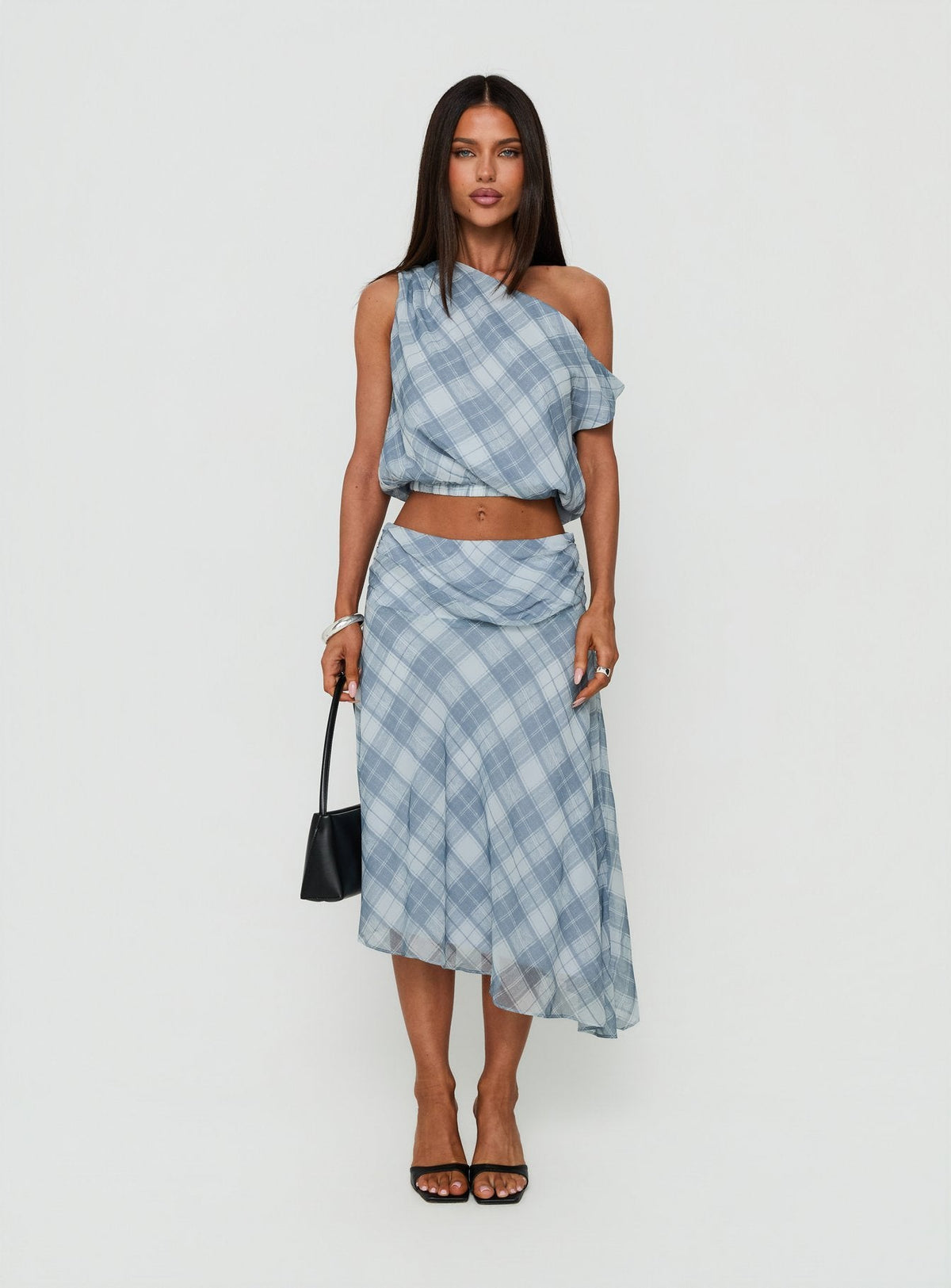Sabbine Asymmetrical Midi Skirt Blue Check
