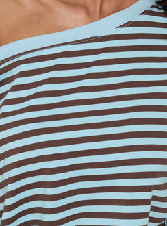Settle Down One Shoulder Long Sleeve Top Chocolate / Blue Stripe