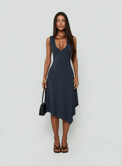 Louisia V Neck Hanky Hem Midi Dress Charcoal