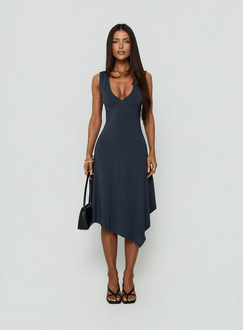 Louisia V Neck Hanky Hem Midi Dress Charcoal