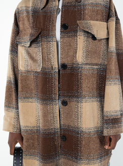 Longline plaid shacket Classic collar, button fastening at front, twin chest pocket, single button cuff