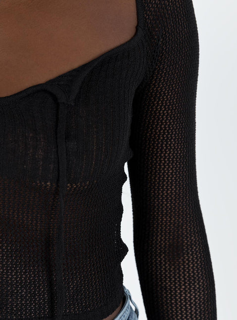 Long sleeve top Knit material  Square neckline Keyhole cut out with tie fastening Good stretch