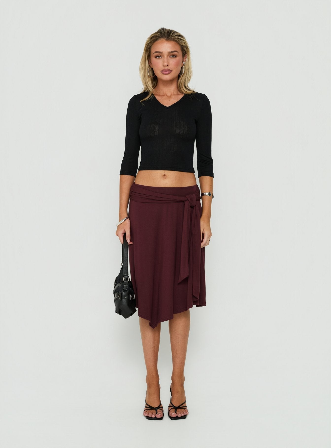 Soft Focus Tie Waist Midi Skirt Plum Noir