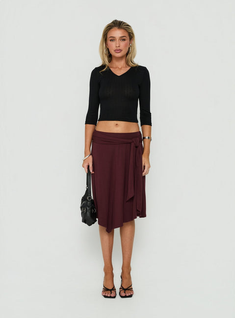 Soft Focus Tie Waist Midi Skirt Plum Noir