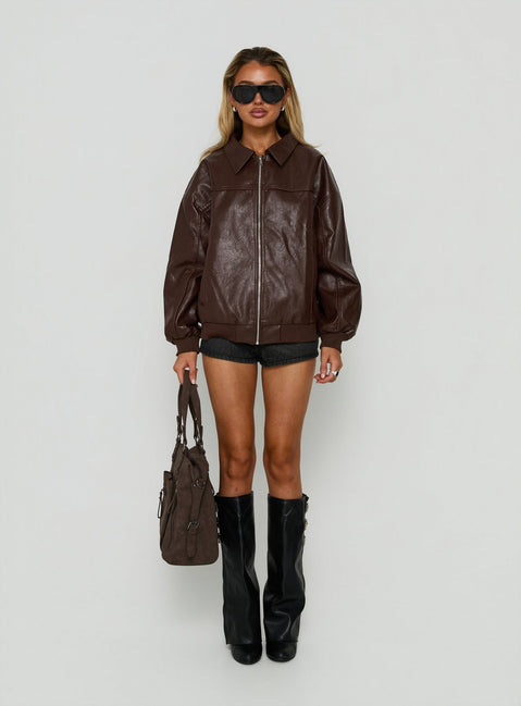 Goldsmith Faux Leather Bomber Jacket Brown