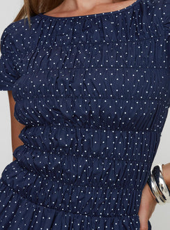 product Princess Polly Kennedia Shirred Bubble Hem Mini Dress Navy Boat Neck 