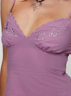 back view of model wearing Princess Polly Aruba Embroidered Cami Mauve Sleeveless Plunger 