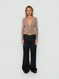 Tamsen Ruched Long Sleeve Button Up Top Taupe