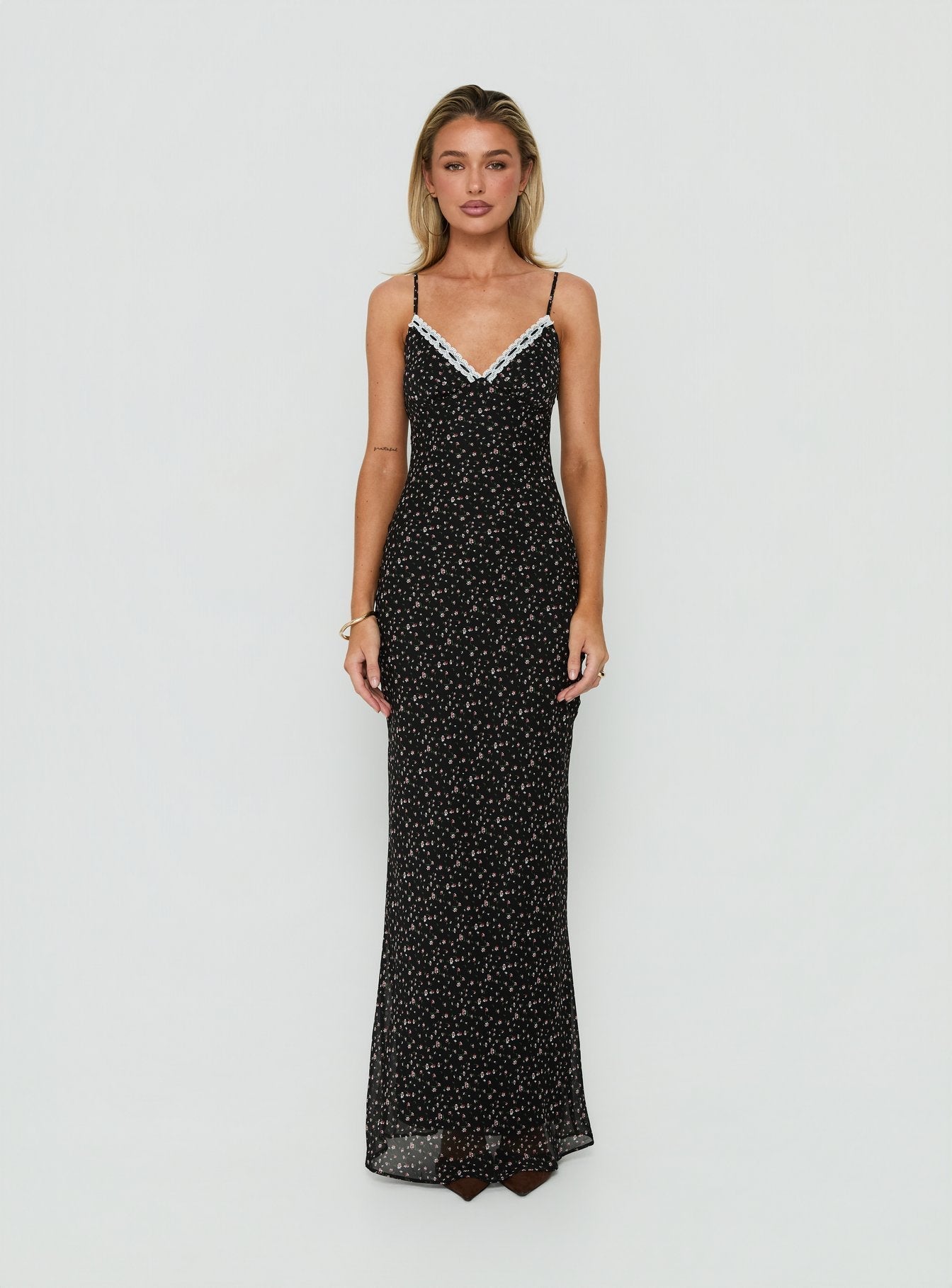 Alasia Lace Trim V Neck Maxi Dress Black Floral