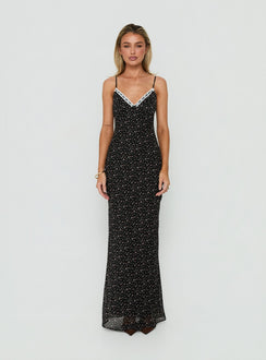 Alasia Lace Trim V Neck Maxi Dress Black Floral