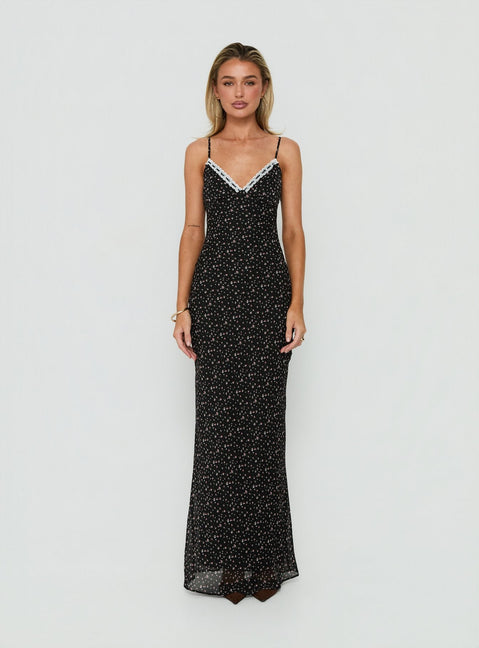 Alasia Lace Trim V Neck Maxi Dress Black Floral