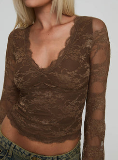 back view of model wearing Princess Polly Pitter Long Sleeve Top Brown Full Sleeves V-Neck 