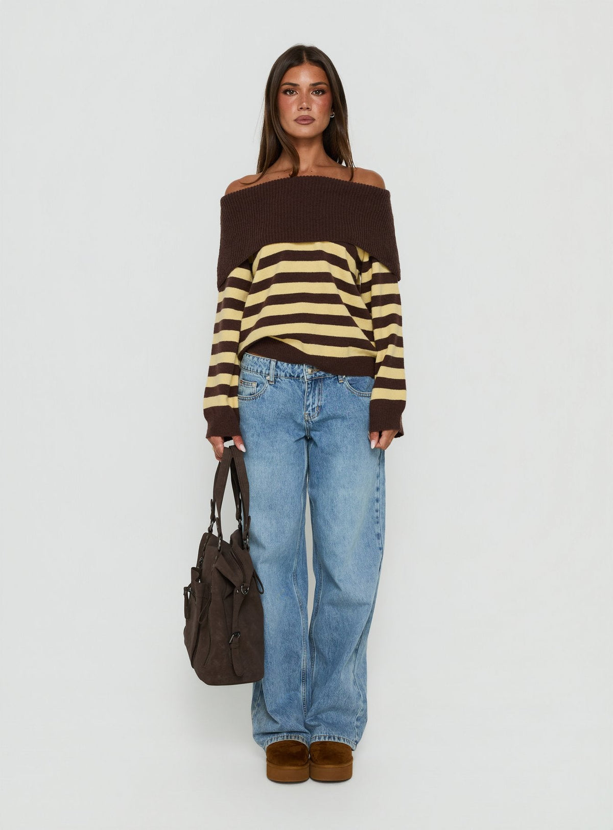 Next Page Foldover Long Sleeve Knit Jumper Brown / Yellow Stripe