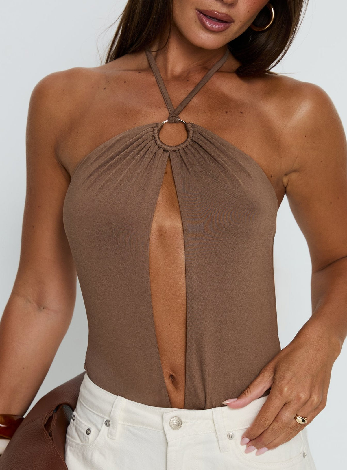 back view of model wearing Princess Polly Damiana Cut Out Bodysuit Brown Sleeveless Bodysuit 