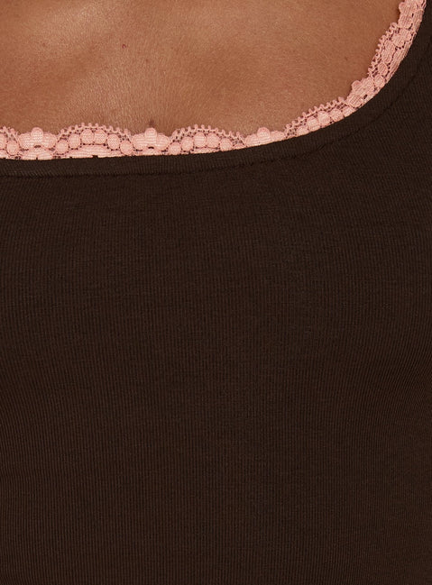 Lyndsie Rib Lace Racer Back Tank Brown / Coral