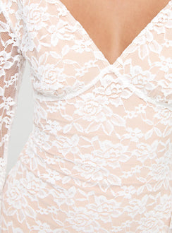 Long sleeve mini dress Lace material, v neckline, tie fastening at back