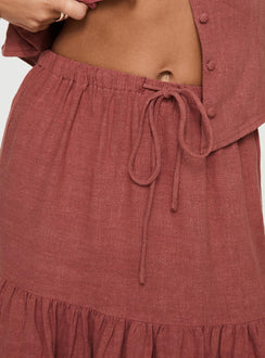 Rust Linen maxi skirt Relaxed fit, elasticated drawstring waist, tiered design