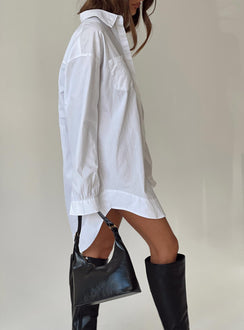 side view of model wearing Princess Polly Koumi Mini Shirt Dress White V-Neck 