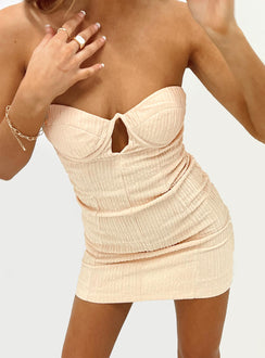Front view of model wearing  front Princess Polly Sweetheart Neckline  Winstone Strapless Mini Dress Cream